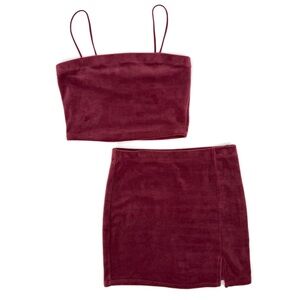 Burgundy Velour Two-Piece Set Y2K Mini Skirt Spaghetti Strap Crop Top, Baddie